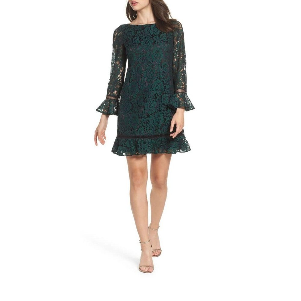 Eliza J Bell Sleeve Lace Shift Dress Green 14 - Picture 2 of 10